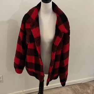 Forever 21 Red and Black Plaid Sherpa Jacket